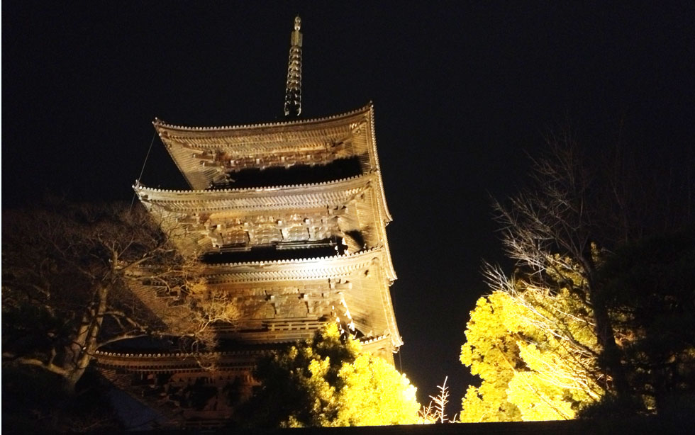 京都・夜の東寺の五重塔を見上げる。